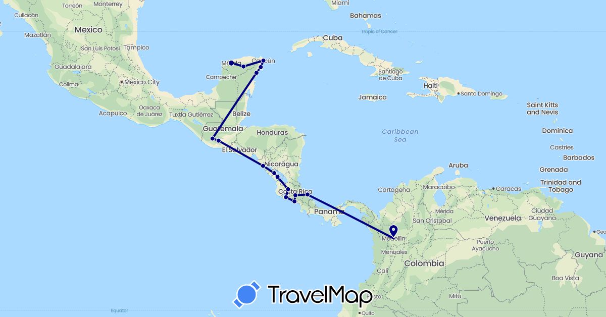 TravelMap itinerary: driving in Colombia, Costa Rica, Guatemala, Mexico, Nicaragua (North America, South America)